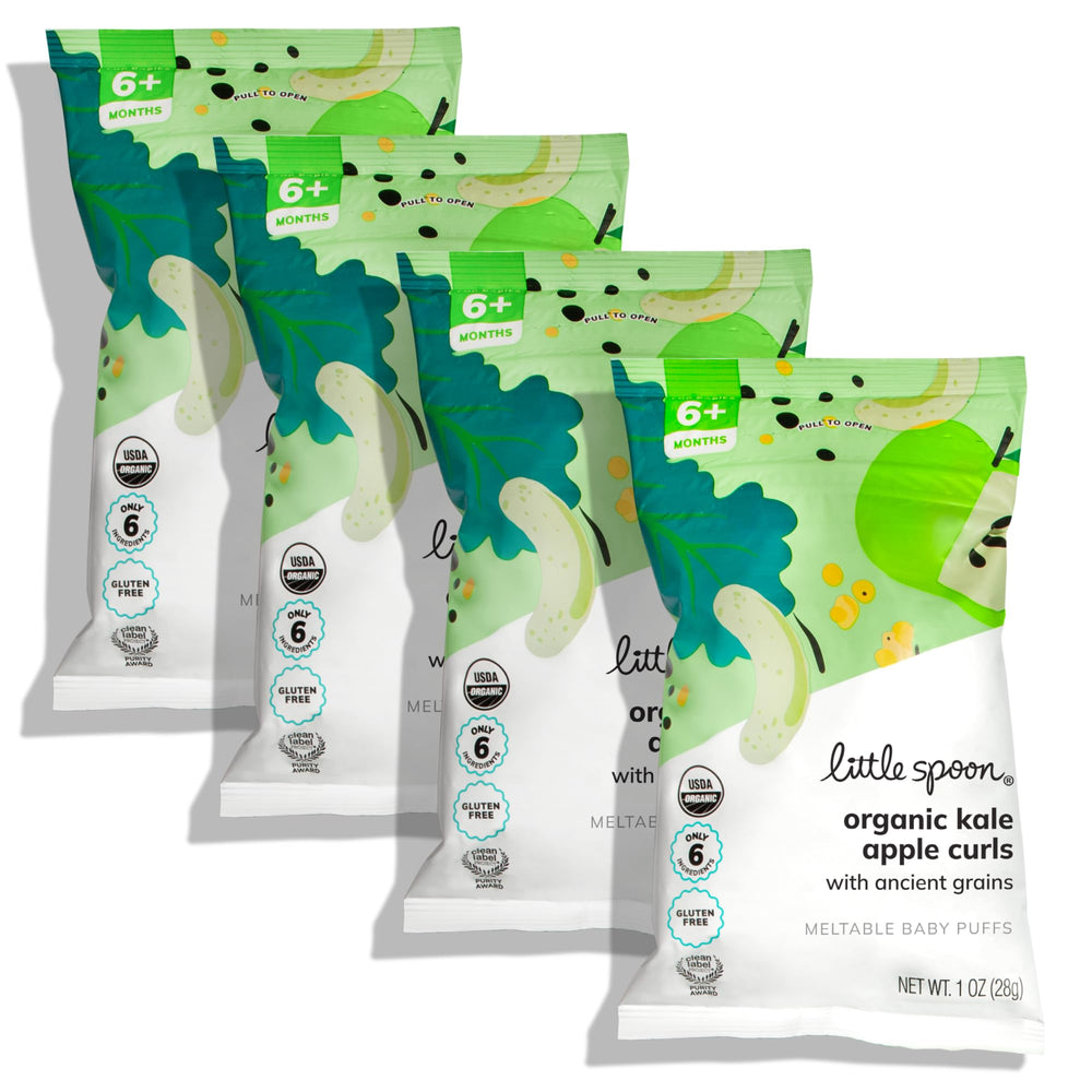 Little Spoon kale-apple meltable puffs bag front, baby-friendly self-feeding.