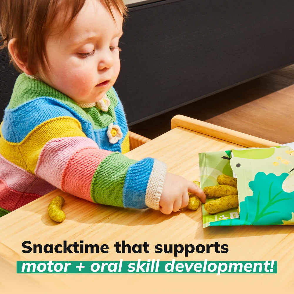 Baby on-the-go snacking scene with easy-open packaging.