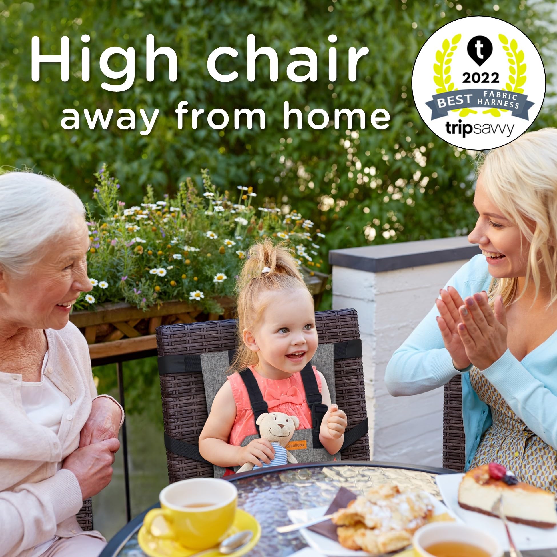 Liuliuby compact high chair folded and ready for travel.
