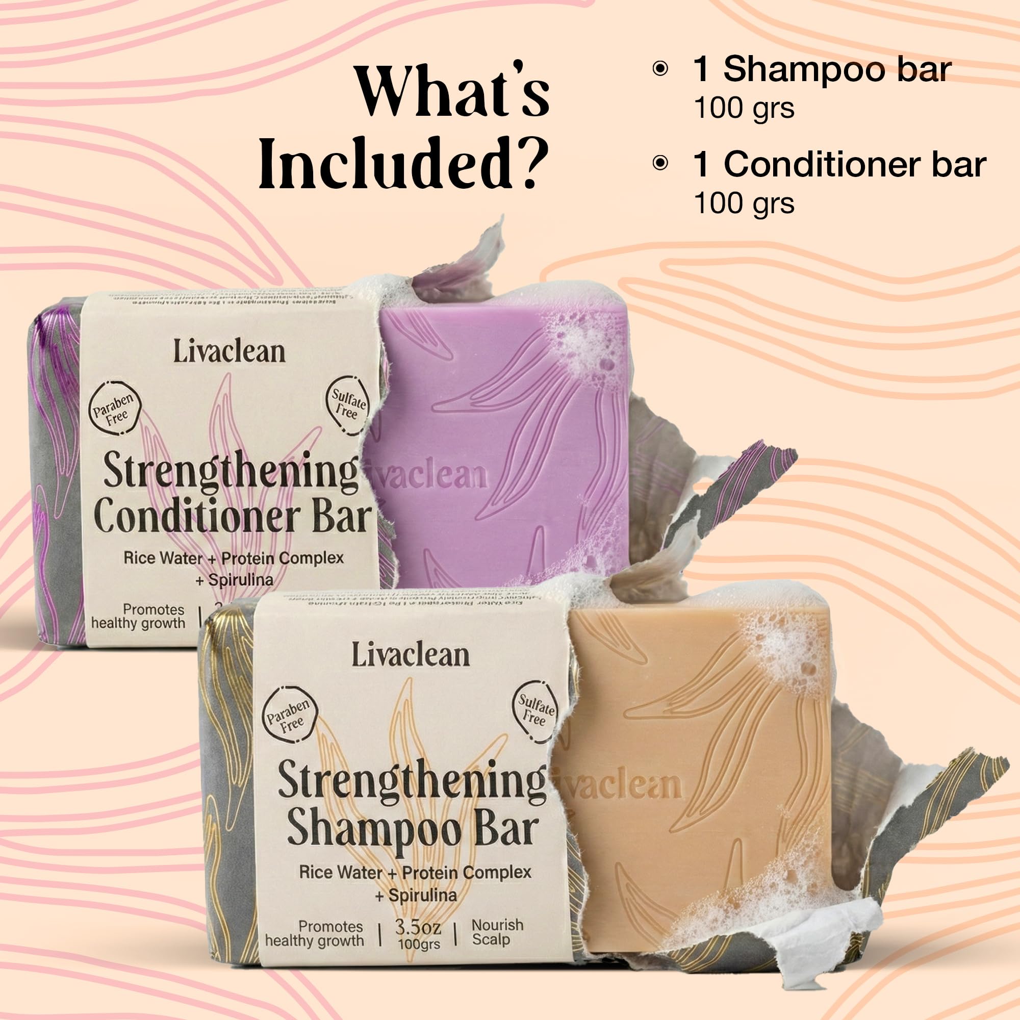LivaClean 2-pack rice water conditioner bar stack emphasizes travel-friendly conditioning.