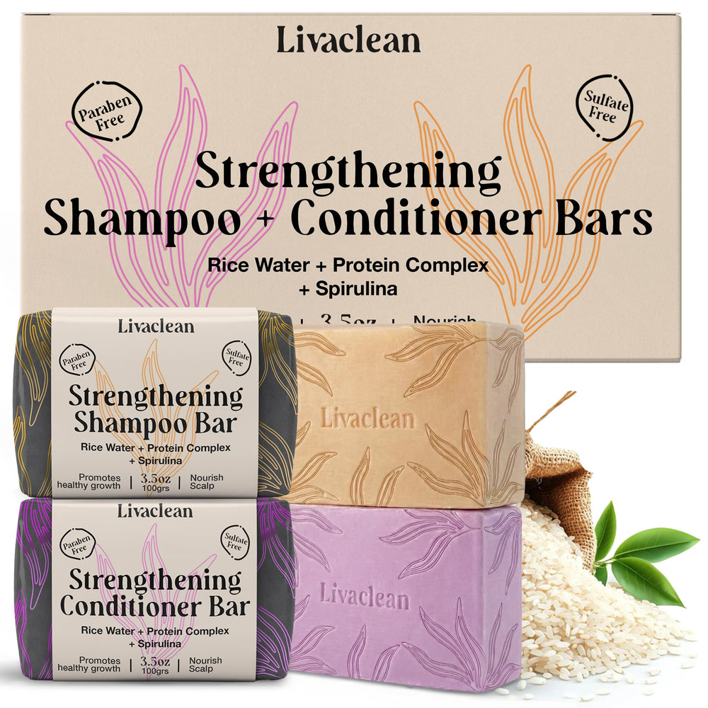 LivaClean 2-pack rice water shampoo bar pour suggests easy daily cleansing on the go.