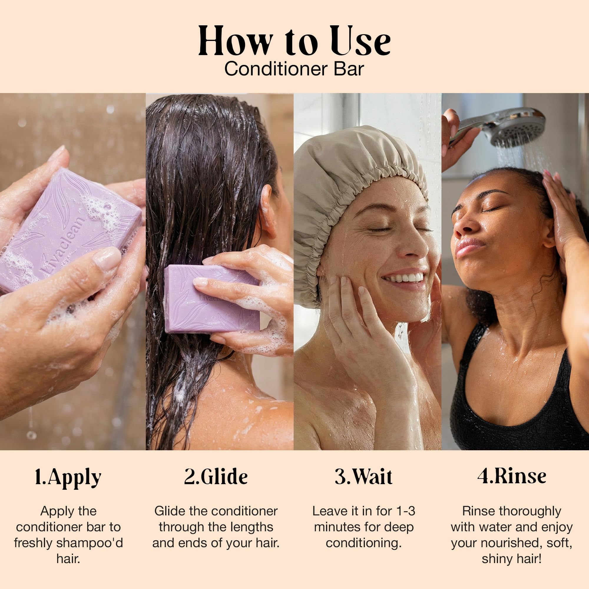 LivaClean hyaluronic acid conditioner bar detail showcases moisture for soft hair.