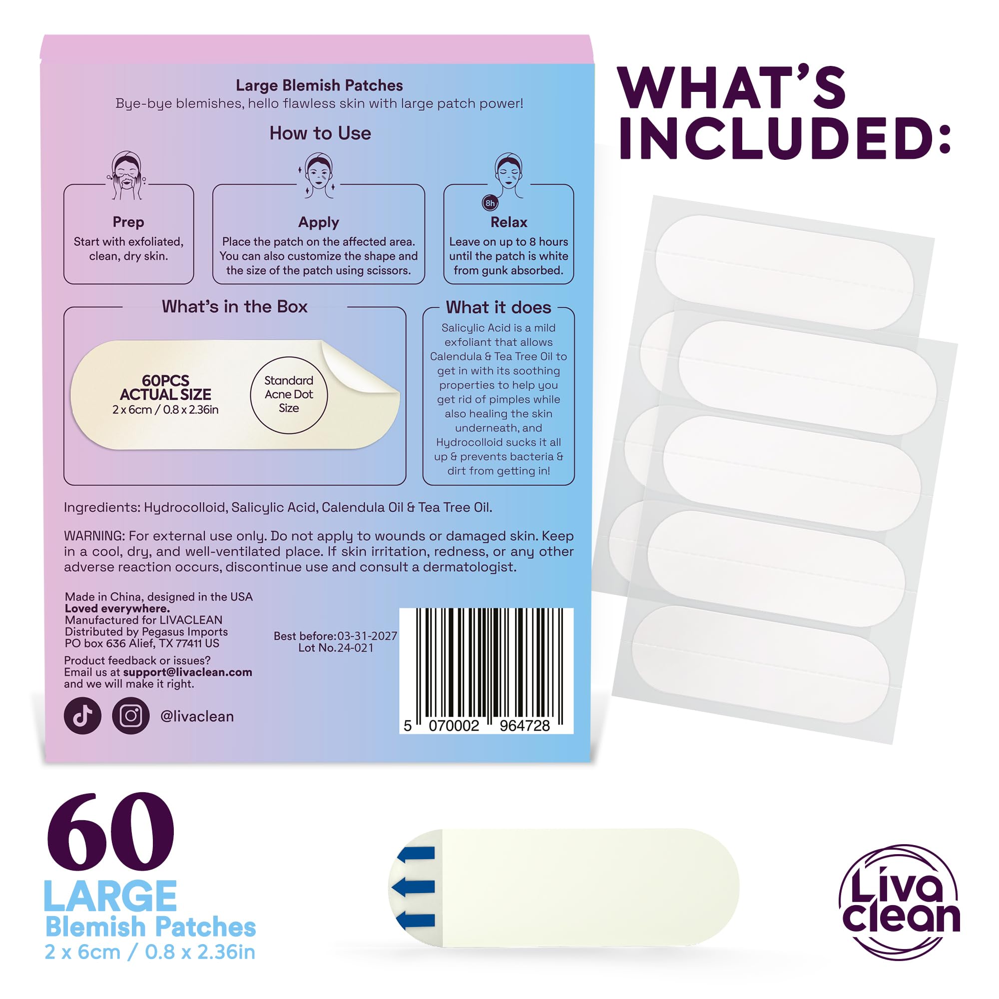 LivaClean patch featuring salicylic acid, tea tree, and calendula for larger breakouts.