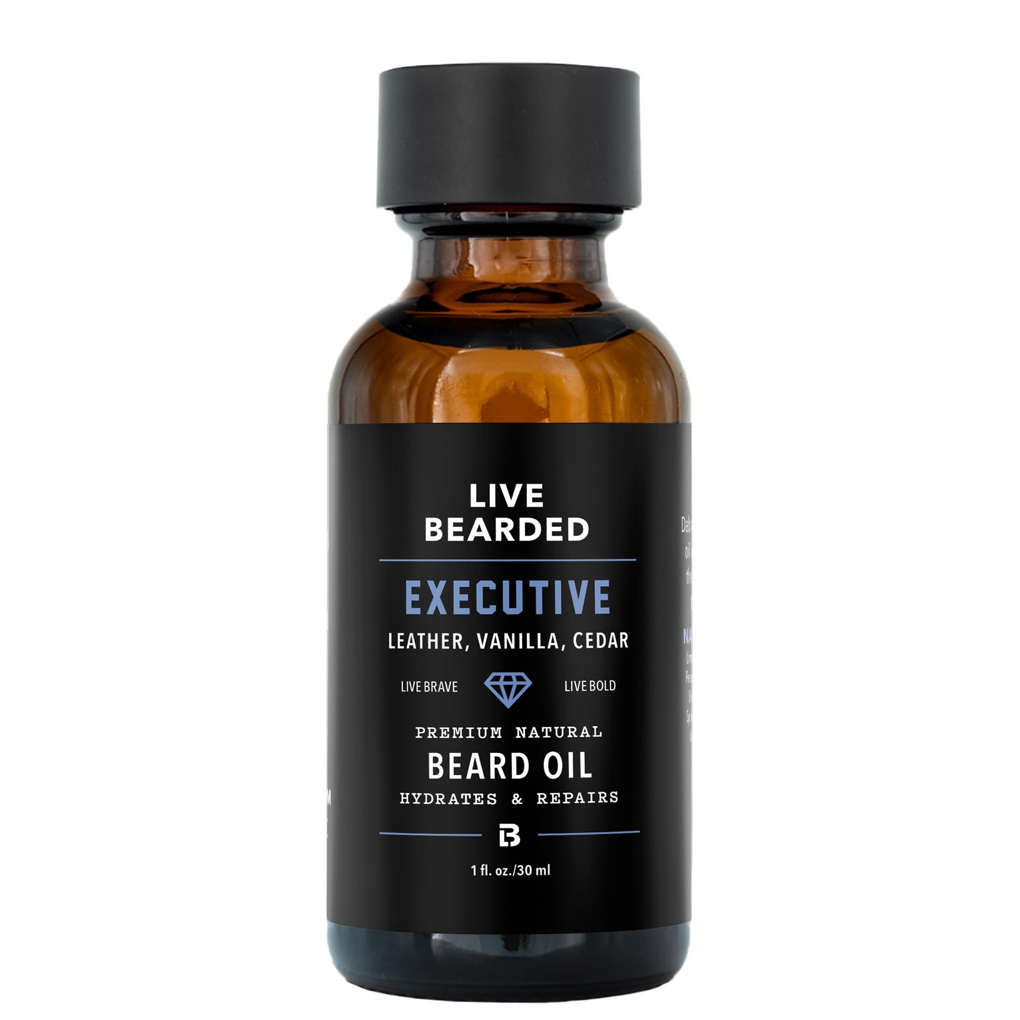 Live Bearded Executive Scent beard oil bottle ready for daily hydration