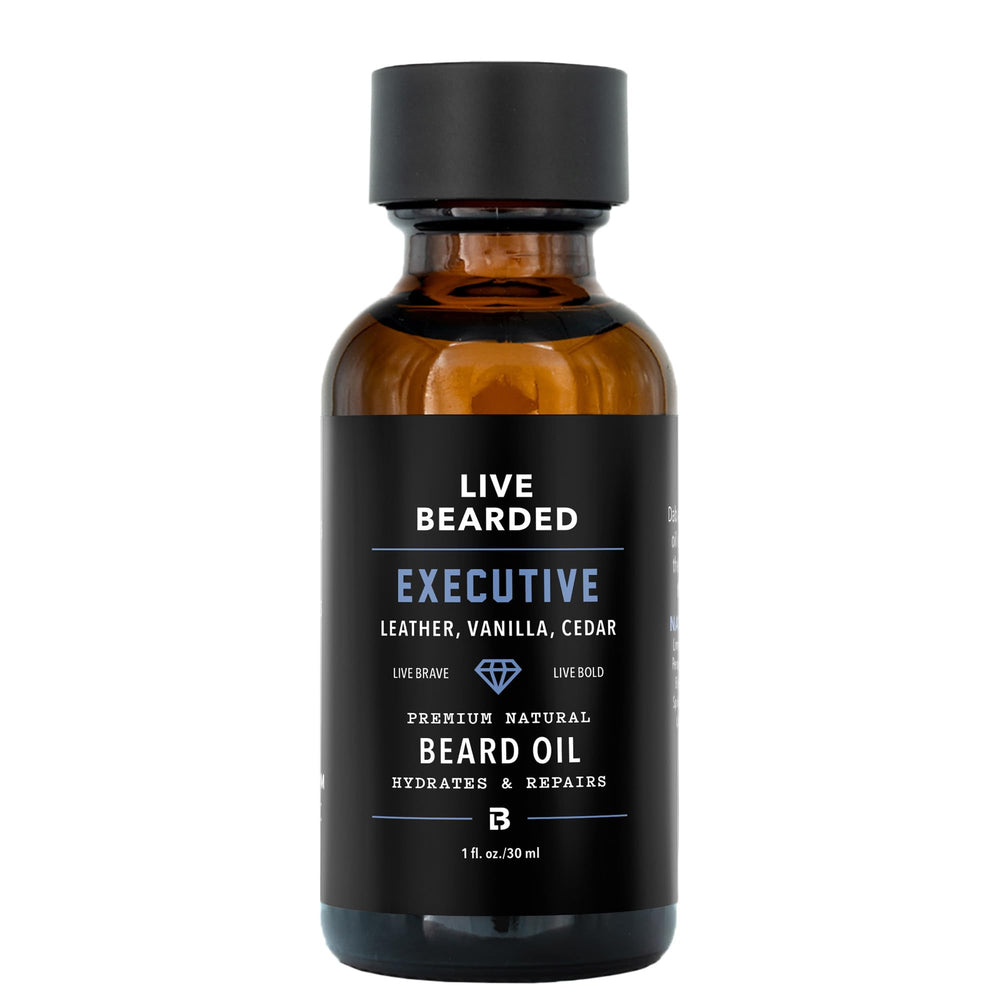 Live Bearded Executive Scent beard oil bottle ready for daily hydration