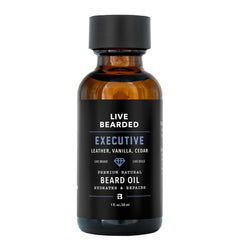 Live Bearded Executive Scent beard oil bottle ready for daily hydration
