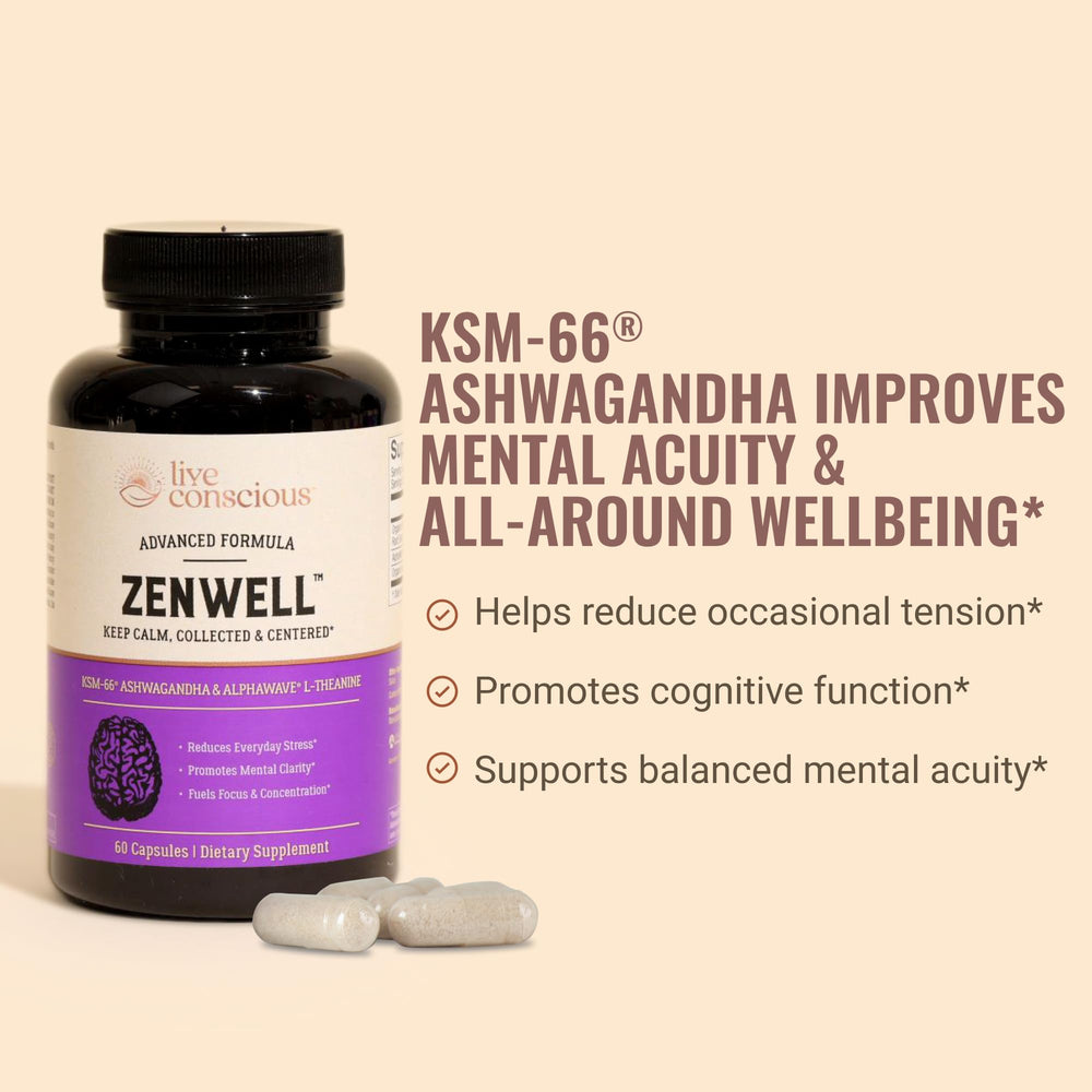 Live Conscious Ashwagandha KSM-66 capsules close-up for stress resilience.