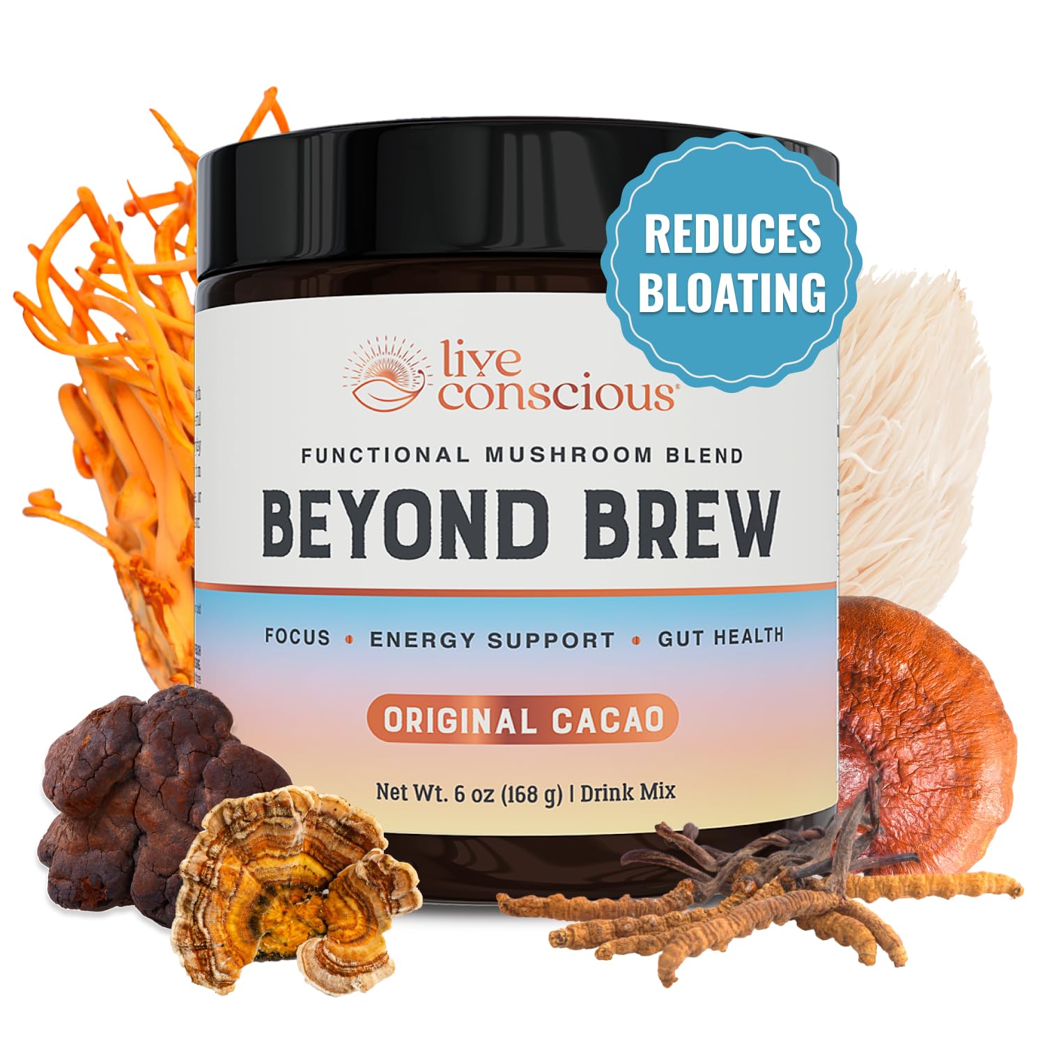 Live Conscious Beyond Brew cacao cinnamon ginger flavor, steady focus and taste.