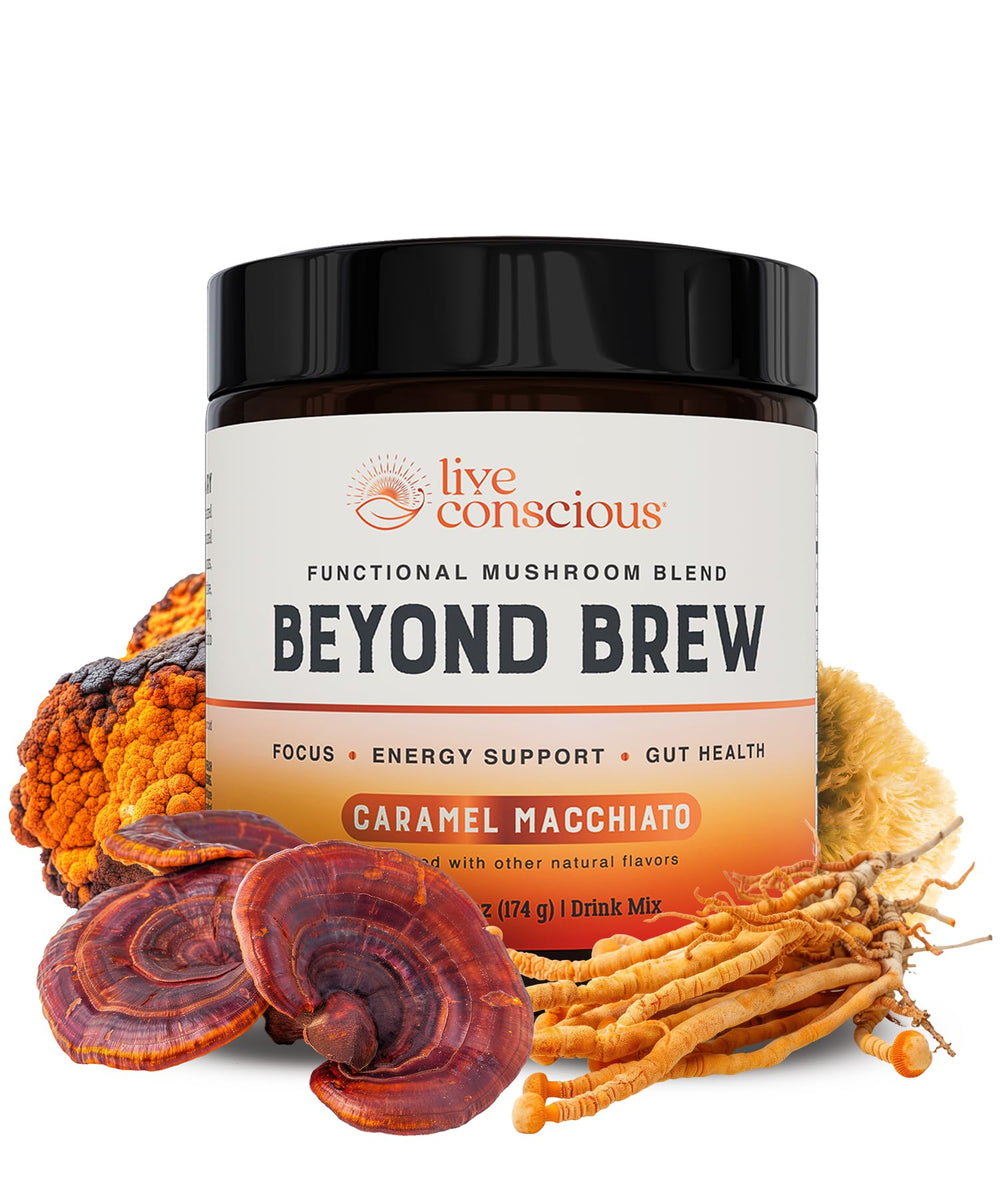 Live Conscious Beyond Brew caramel macchiato bottle pour with a low-caffeine energy option