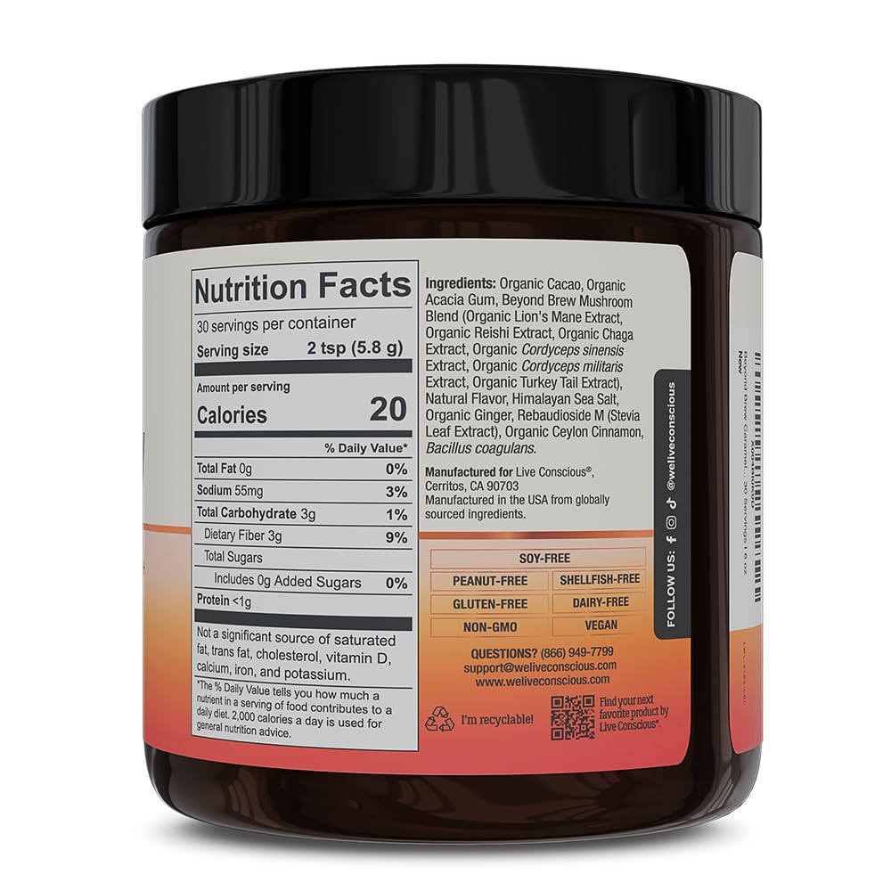 Live Conscious Beyond Brew mushroom blend cup highlighting focus-supporting ingredients