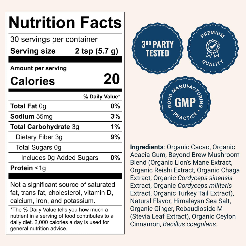Beyond Brew six-mushroom complex for balanced energy and vitality.