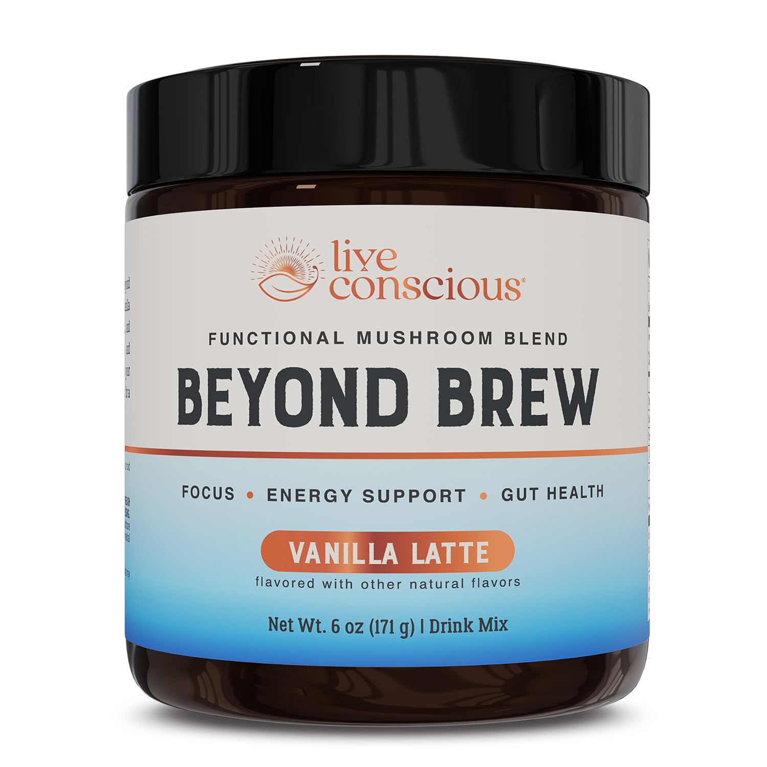 Live Conscious Beyond Brew Vanilla Latte bottle showing mushroom blend for steady focus