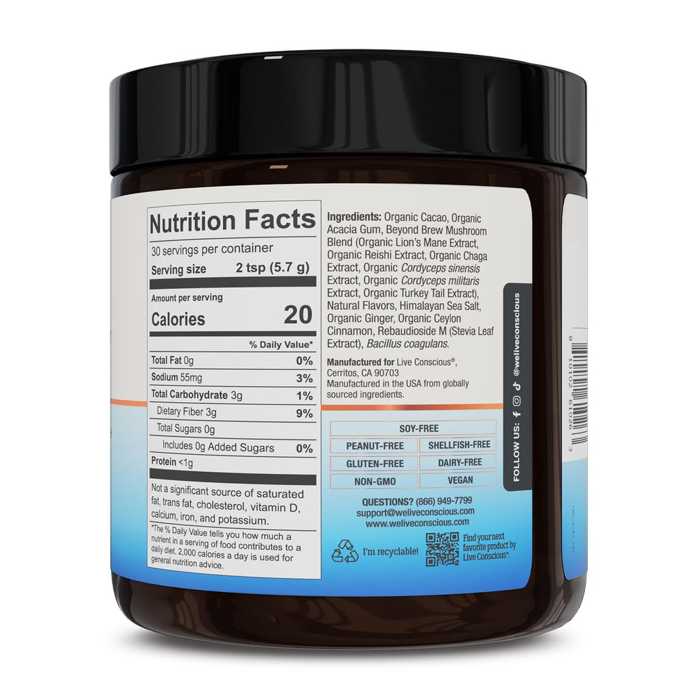 Live Conscious Beyond Brew Vanilla Latte jar highlights the six-mushroom blend