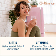 Live Conscious Beyond Collagen with Biotin and Vitamin C ingredients support daily beauty and wellness.