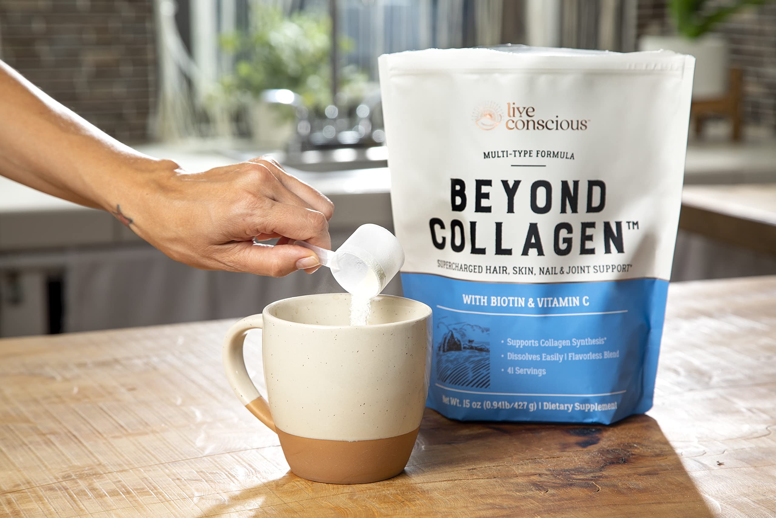 Live Conscious Beyond Collagen bottle showcases keto-friendly, premium packaging.