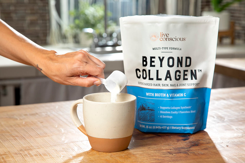 Live Conscious Beyond Collagen bottle showcases keto-friendly, premium packaging.
