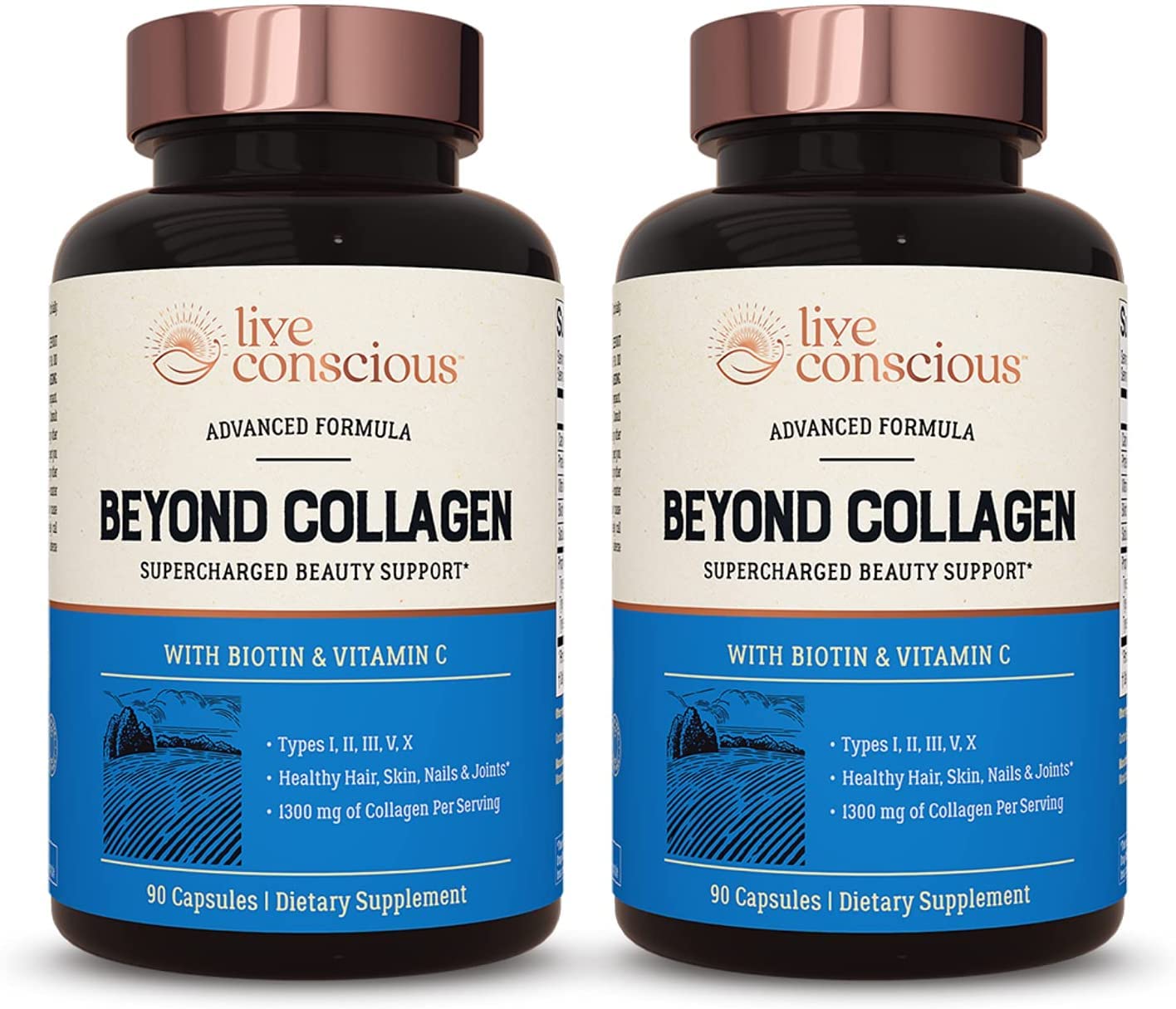 Live Conscious Beyond Collagen capsules bottle front promoting healthy hair, skin, and nails