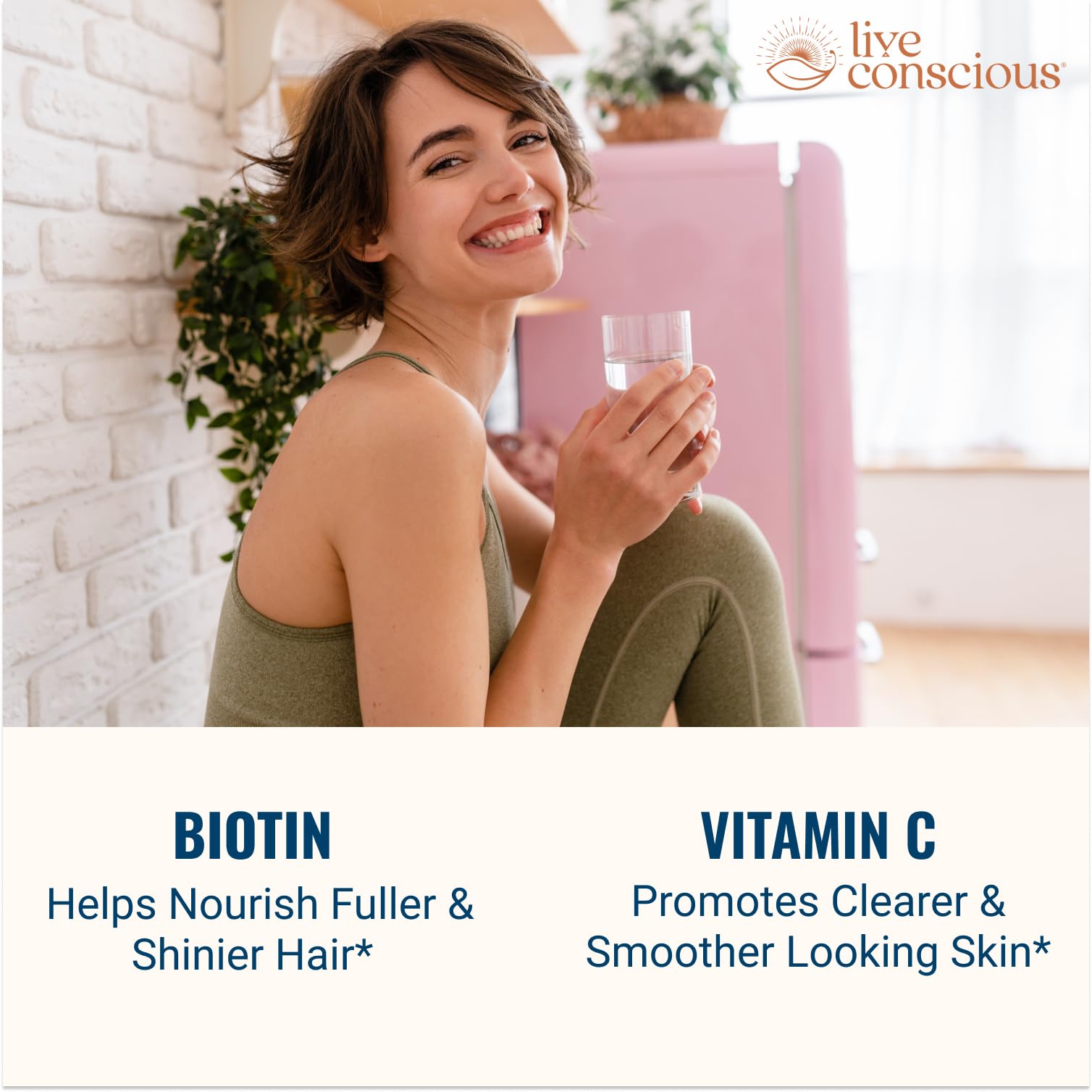 Live Conscious Beyond Collagen capsules bottle side highlights five collagen types and biotin