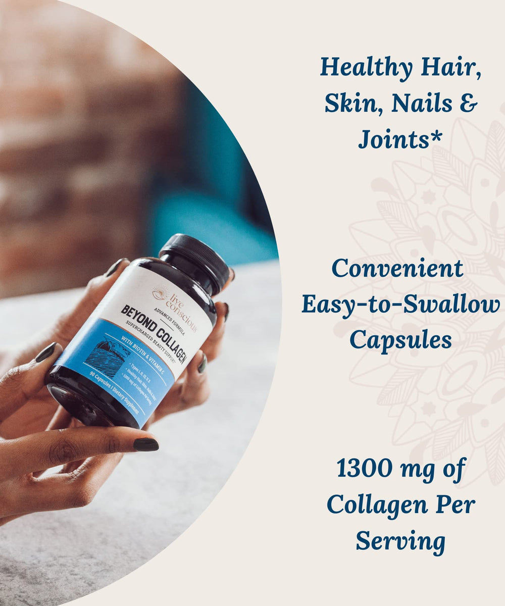 Live Conscious Beyond Collagen capsules closeup label shows hydrolyzed collagen