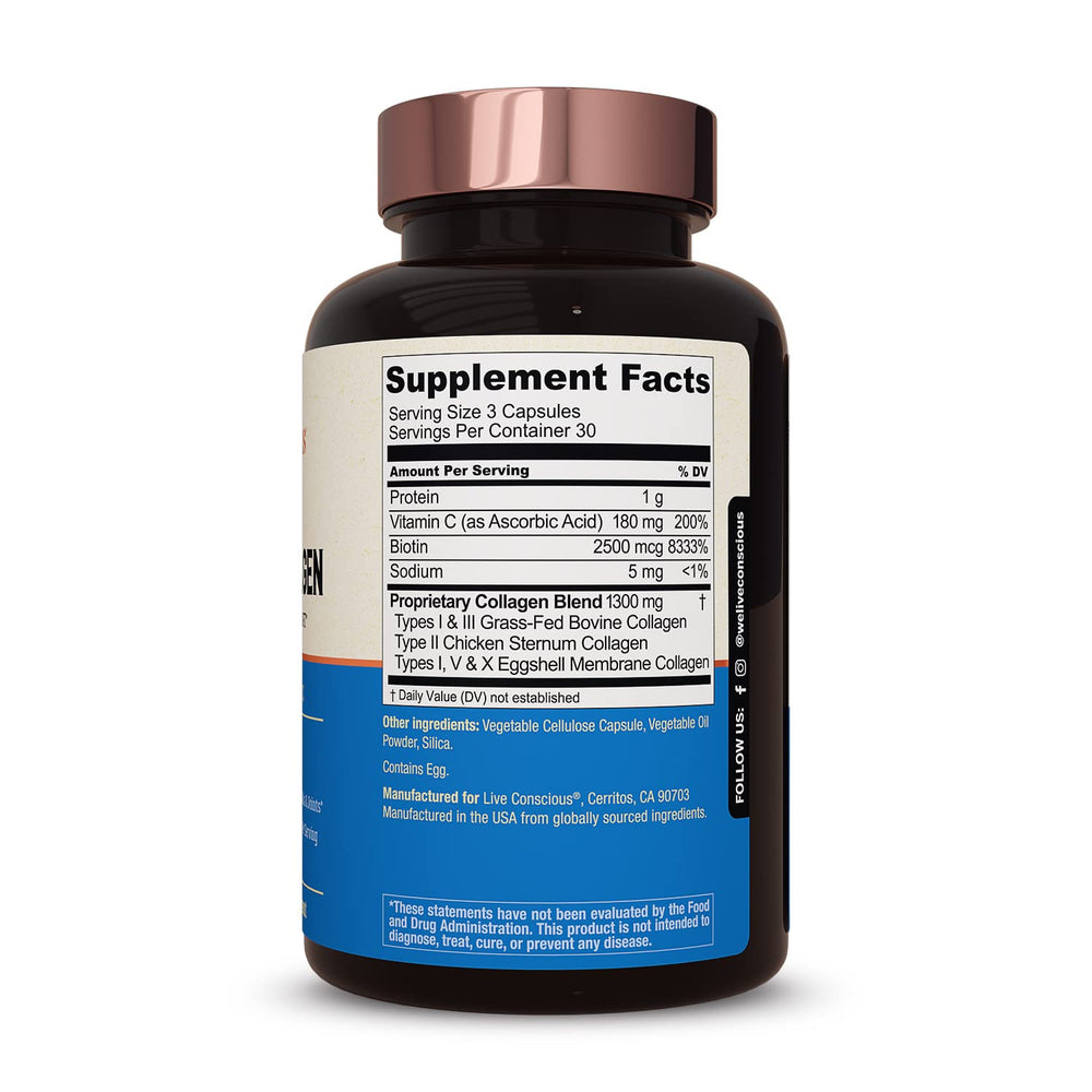 Live Conscious Beyond Collagen capsules ingredients show biotin and vitamin C