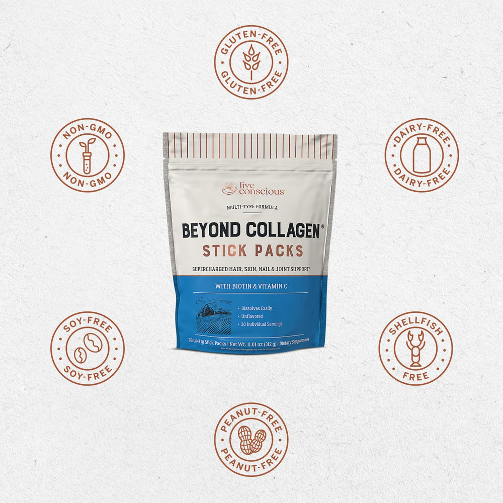 Live Conscious Beyond Collagen five-types image highlights comprehensive collagen blend