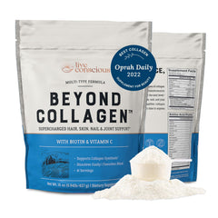 Live Conscious Beyond Collagen tub with powder for radiant skin.