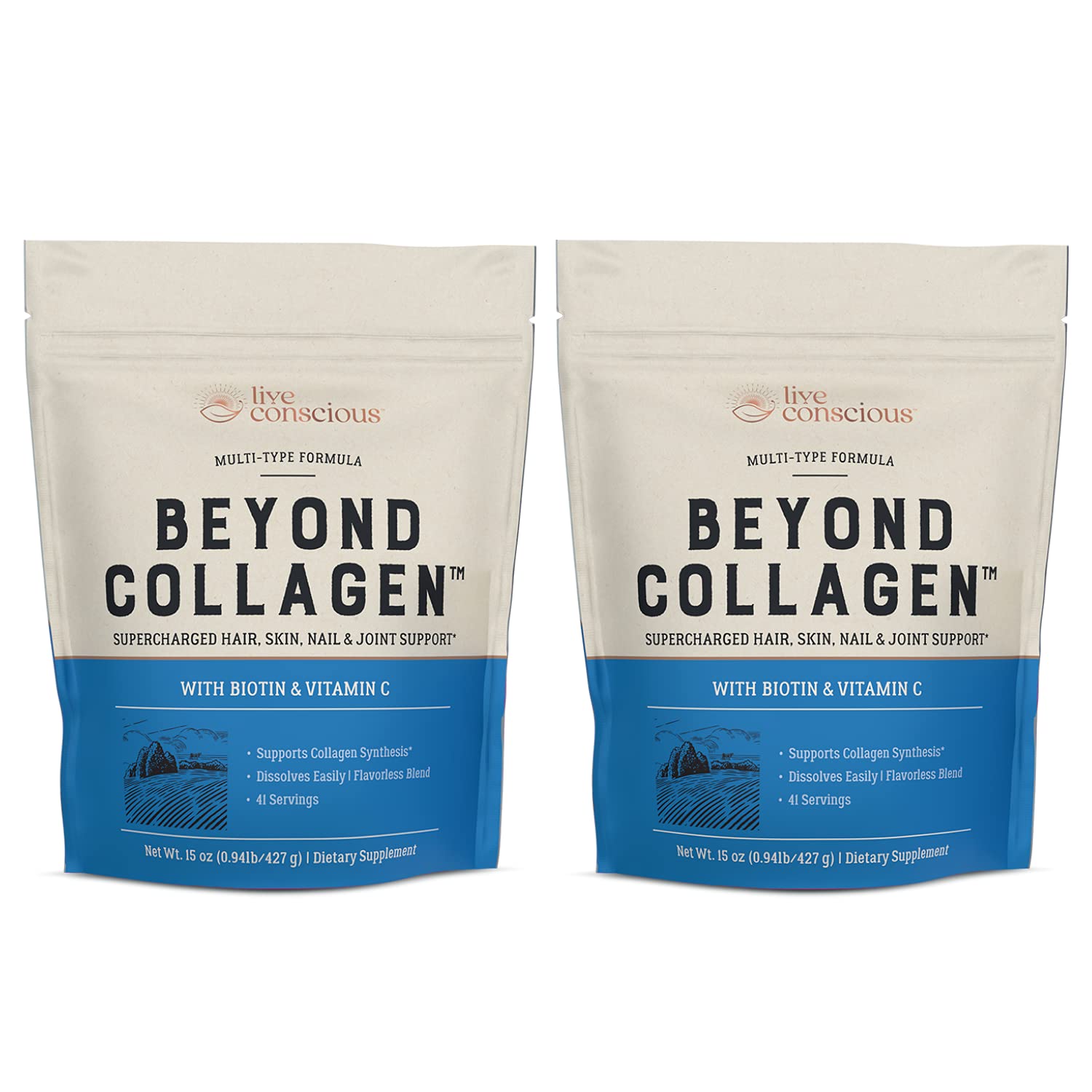 Live Conscious Beyond Collagen tub label highlighting premium ingredients for skin, hair and nails support.