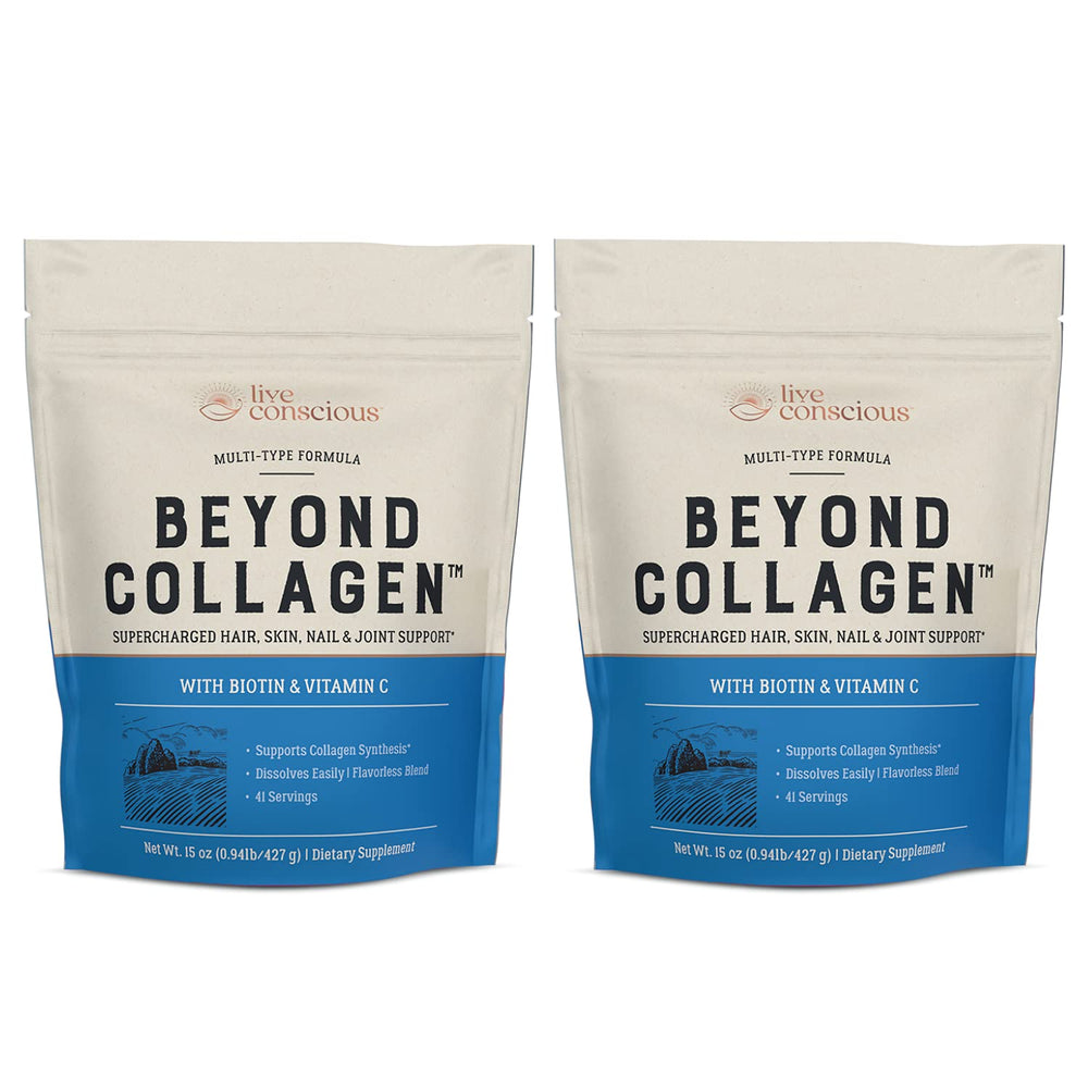 Live Conscious Beyond Collagen tub label highlighting premium ingredients for skin, hair and nails support.