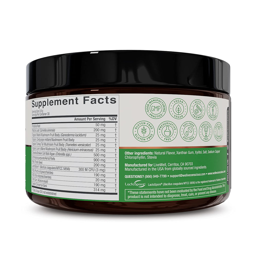 Label detail of Live Conscious Beyond Greens showing ingredients and claims.