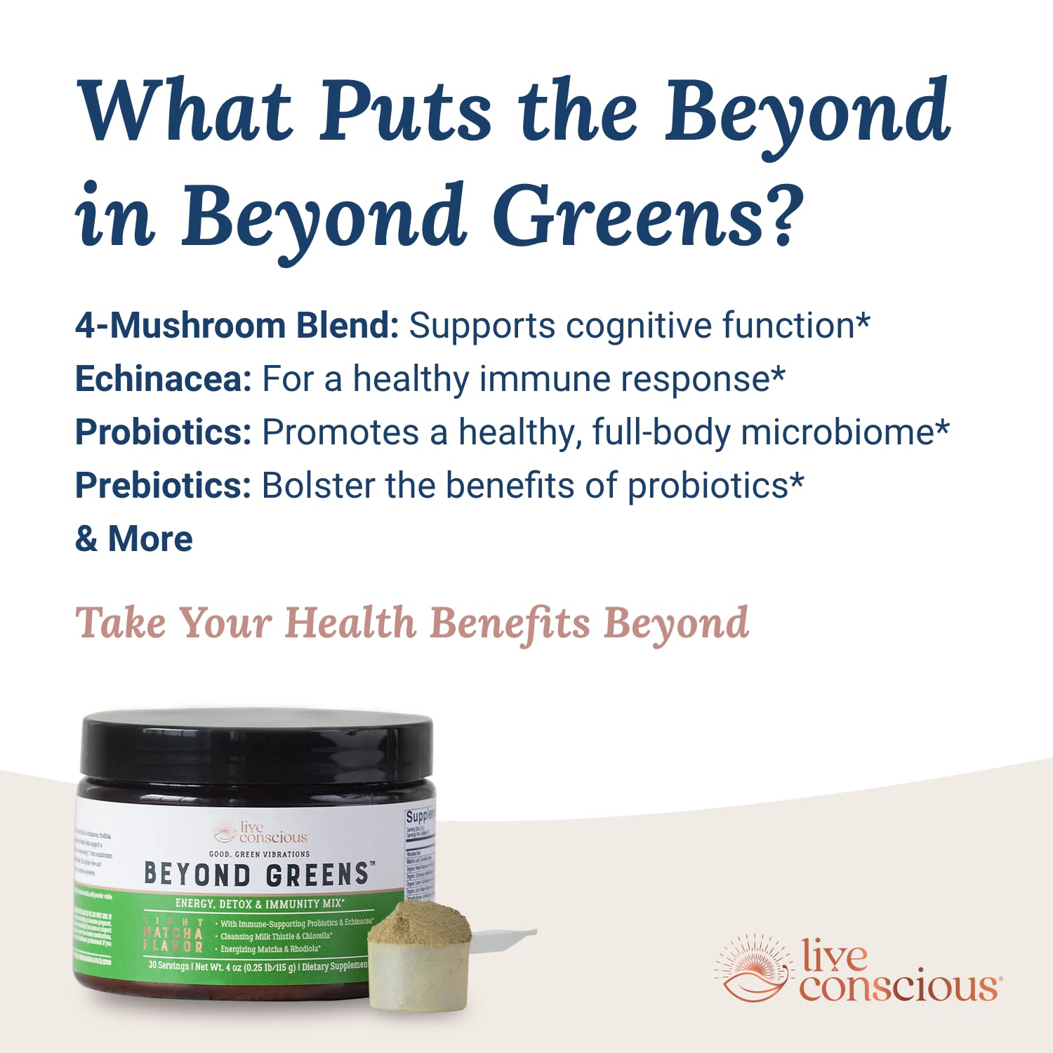 Live Conscious Beyond Greens powder blends into a glass with a vivid green smoothie.