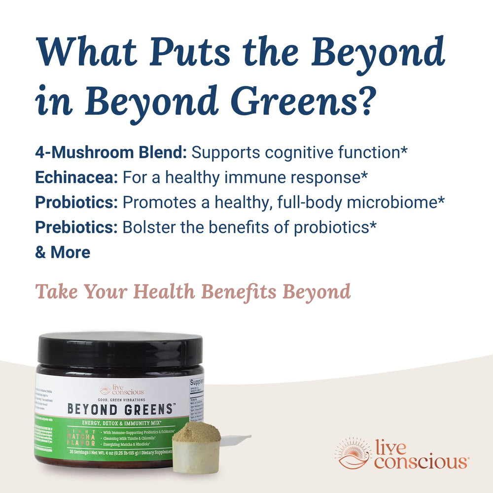 Live Conscious Beyond Greens powder blends into a glass with a vivid green smoothie.