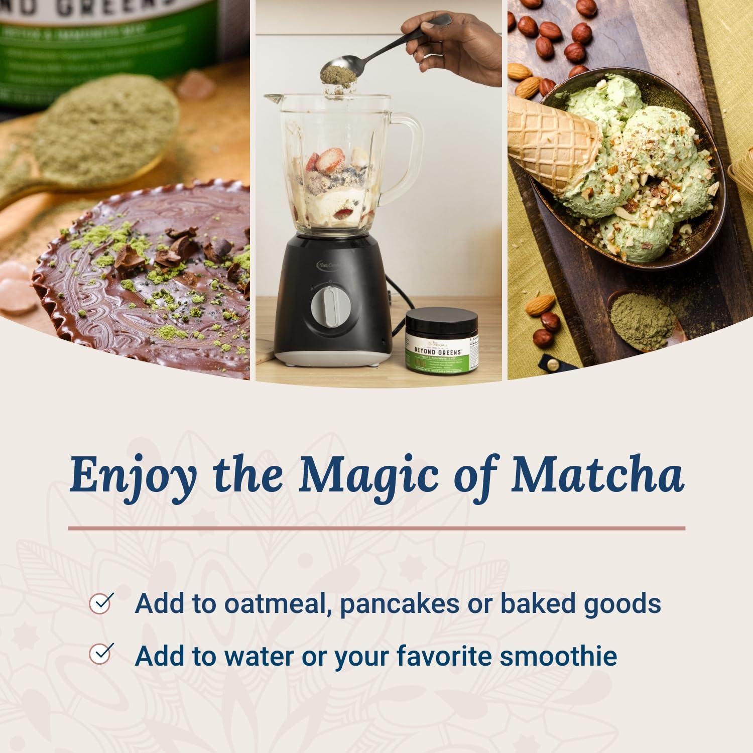Closeup of Live Conscious Beyond Greens ingredients featuring chlorella and mushroom blend for daily wellness.