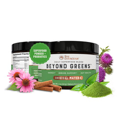 Live Conscious Beyond Greens powder tub front displays vibrant label, highlighting immune support and energy.