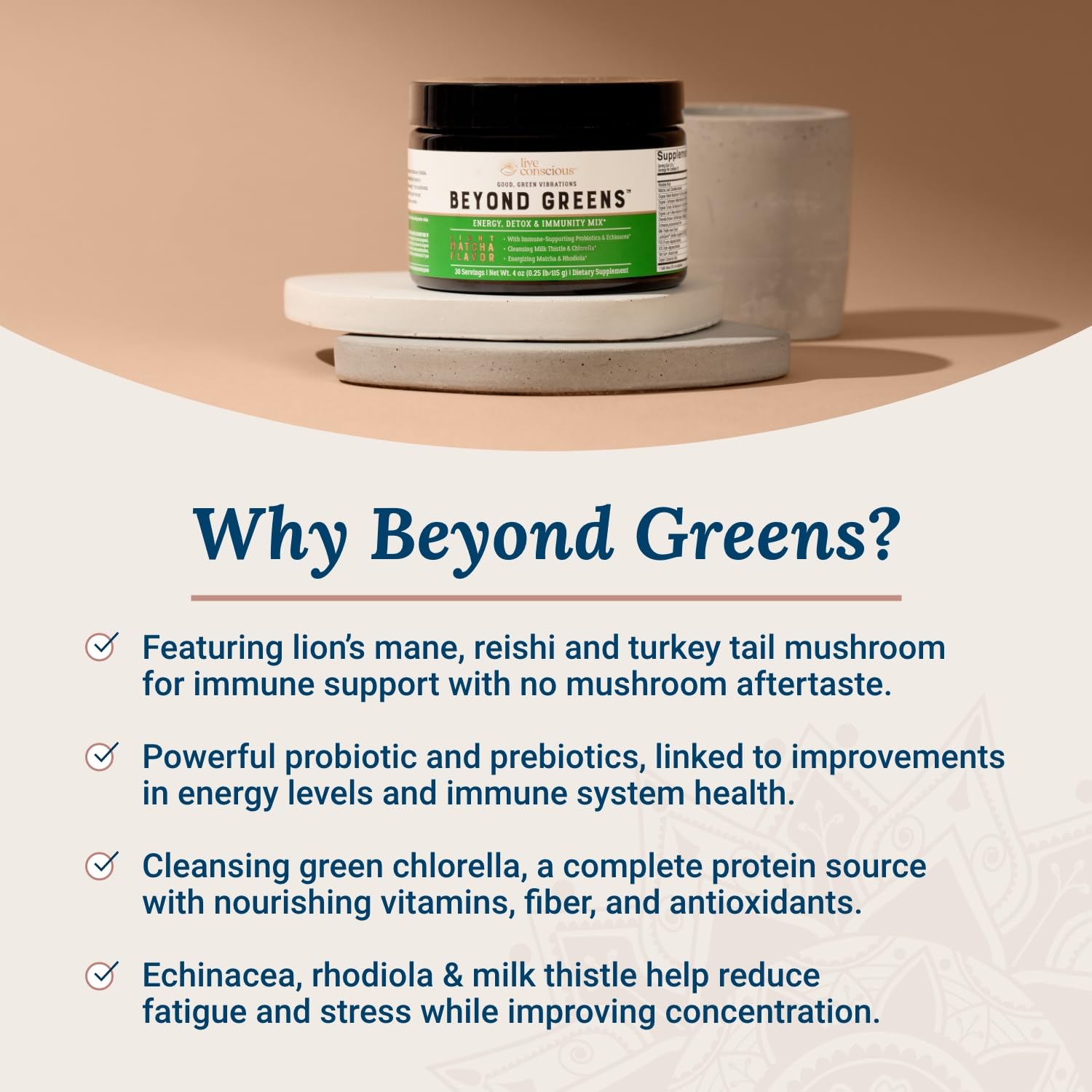 Scoop of Live Conscious Beyond Greens being dispensed, ready to mix.