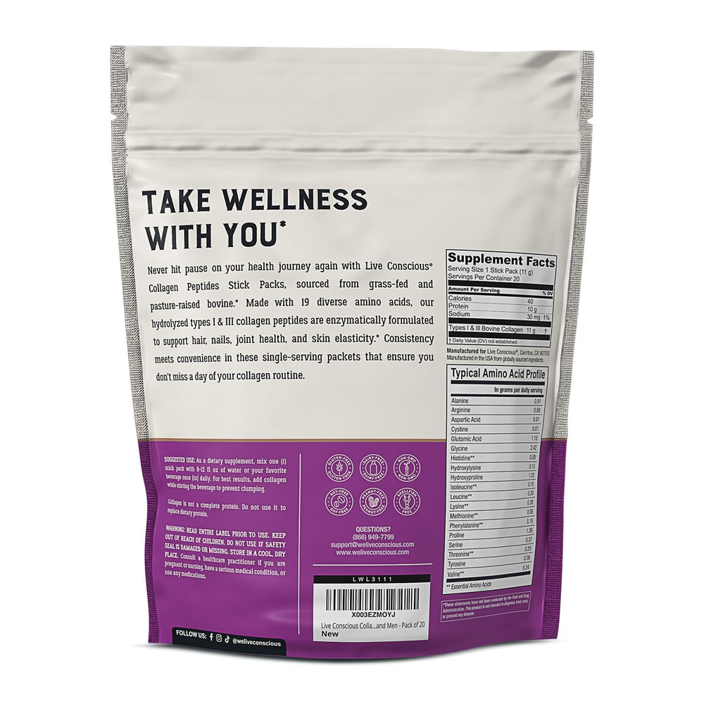 Live Conscious collagen packets shown as coffee or smoothie add-in.
