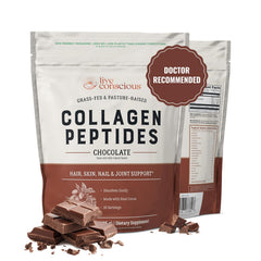 Live Conscious Collagen Chocolate powder label highlights grass-fed formula for skin, hair, and nails.