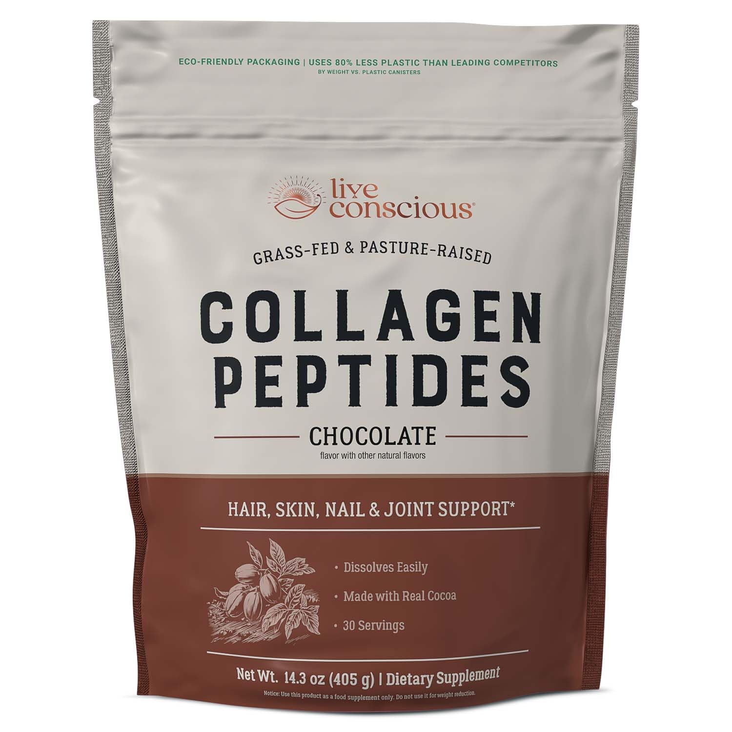 Live Conscious Collagen Chocolate non-GMO and dairy-free formulation.