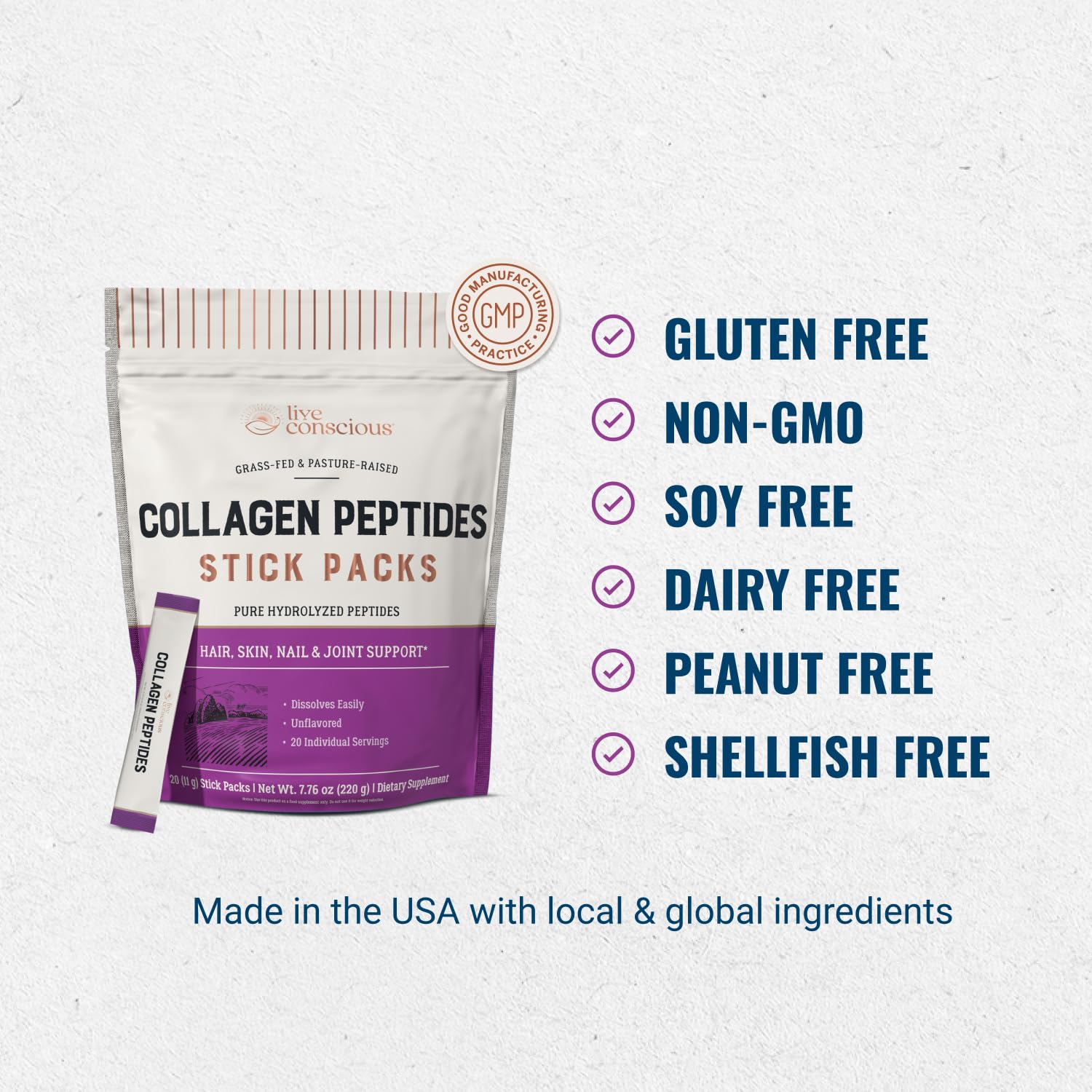 Live Conscious collagen packets unflavored label highlights gentle taste and versatility.