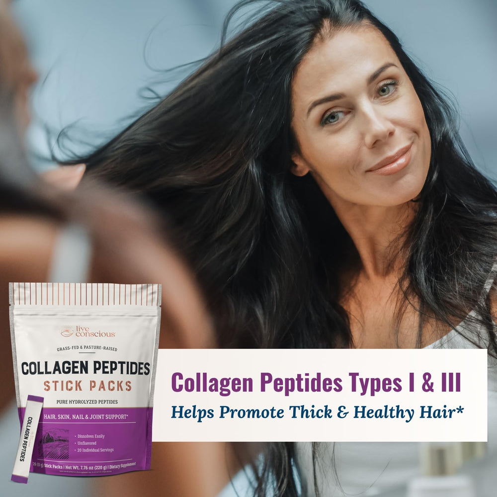 Live Conscious collagen packets with scoop enable precise daily servings.