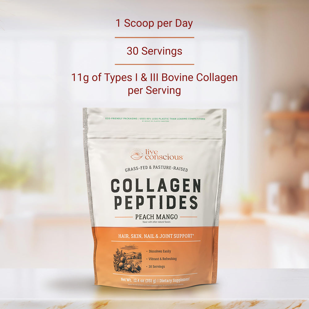 Live Conscious Collagen Peptides coffee shot shows flavorful blend and convenience.