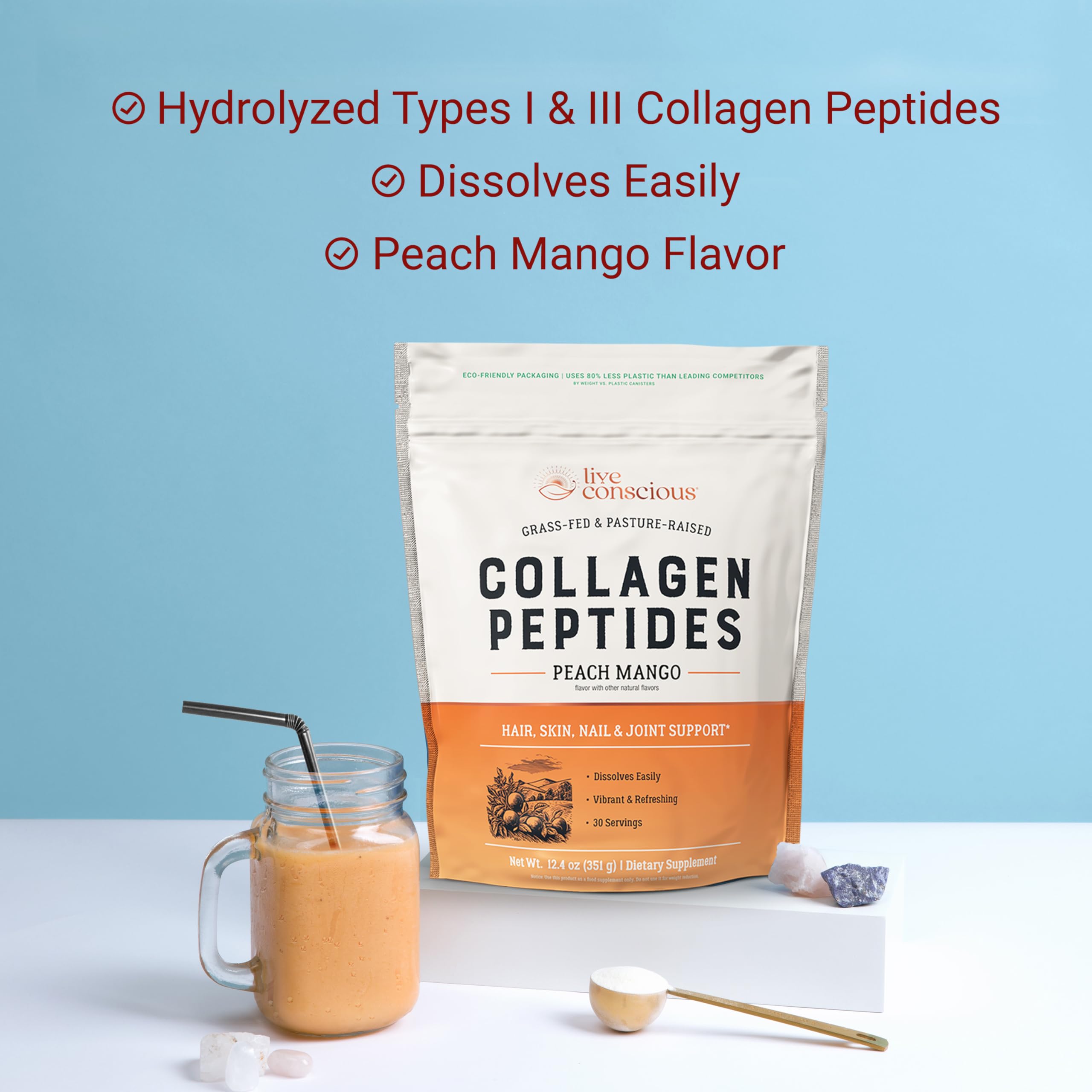 Live Conscious Collagen Peptides peach mango shake demonstrates versatile mixing.