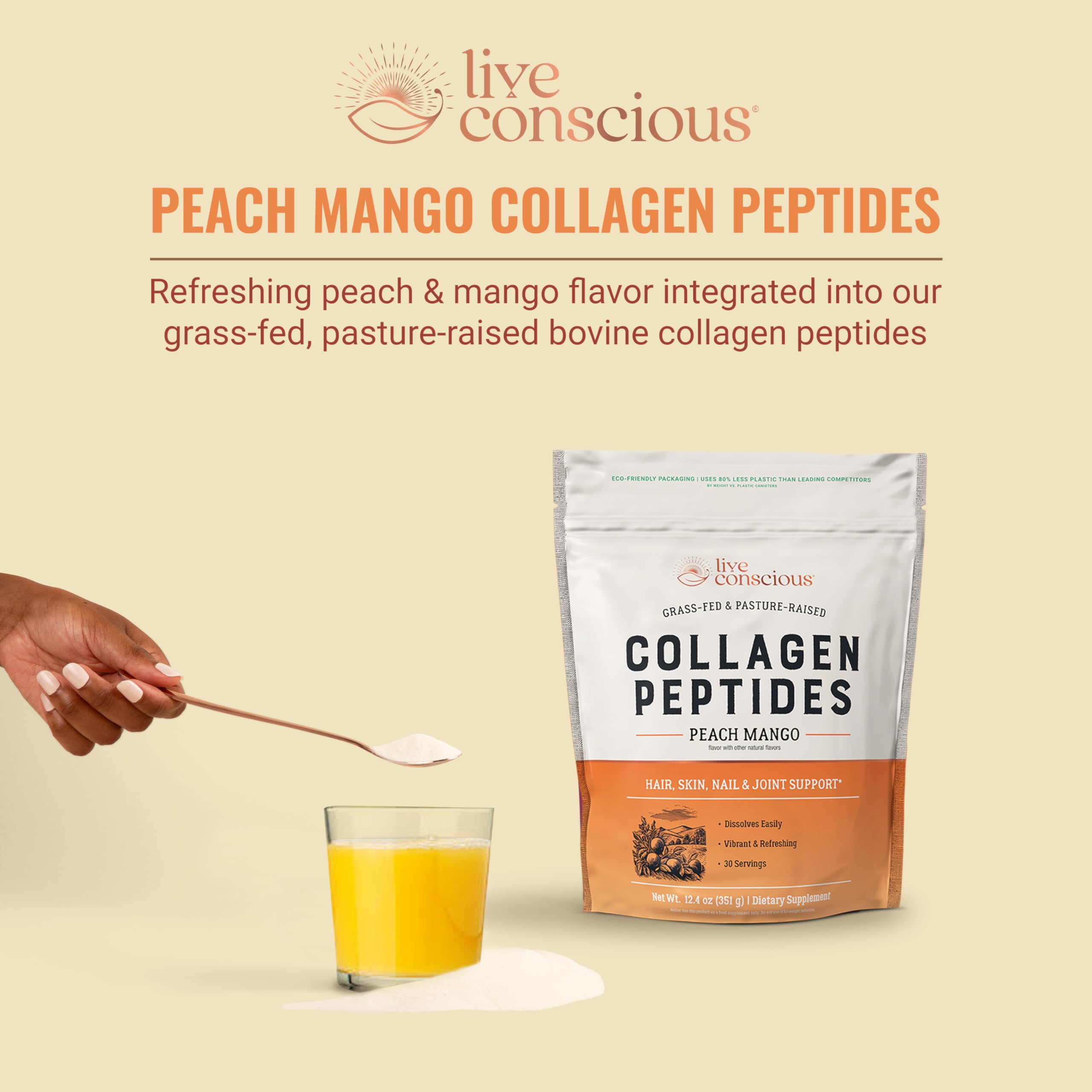 Live Conscious Collagen Peptides peach mango mixed in water demonstrates quick dissolution.