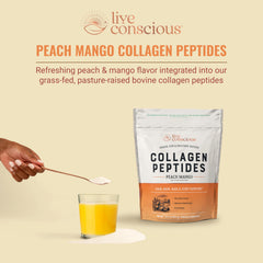 Live Conscious Collagen Peptides peach mango mixed in water demonstrates quick dissolution.