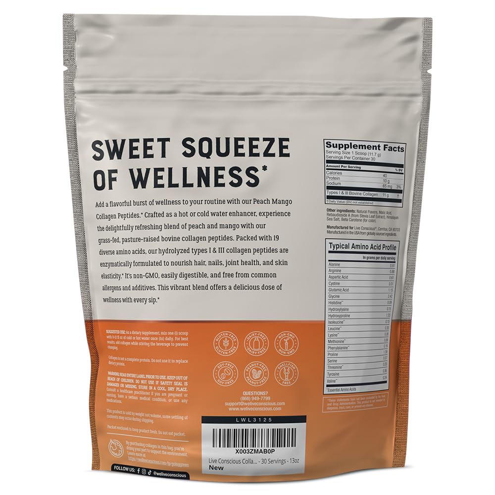 Live Conscious Collagen Peptides packaging shows serving size and flavor.