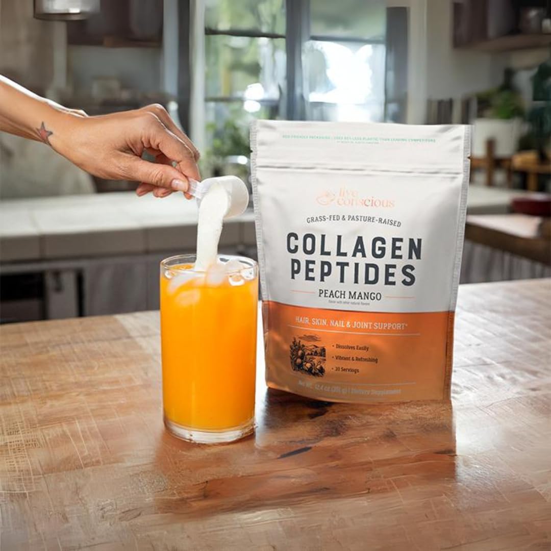 Live Conscious Collagen Peptides scoop enables easy daily dosing for busy mornings.