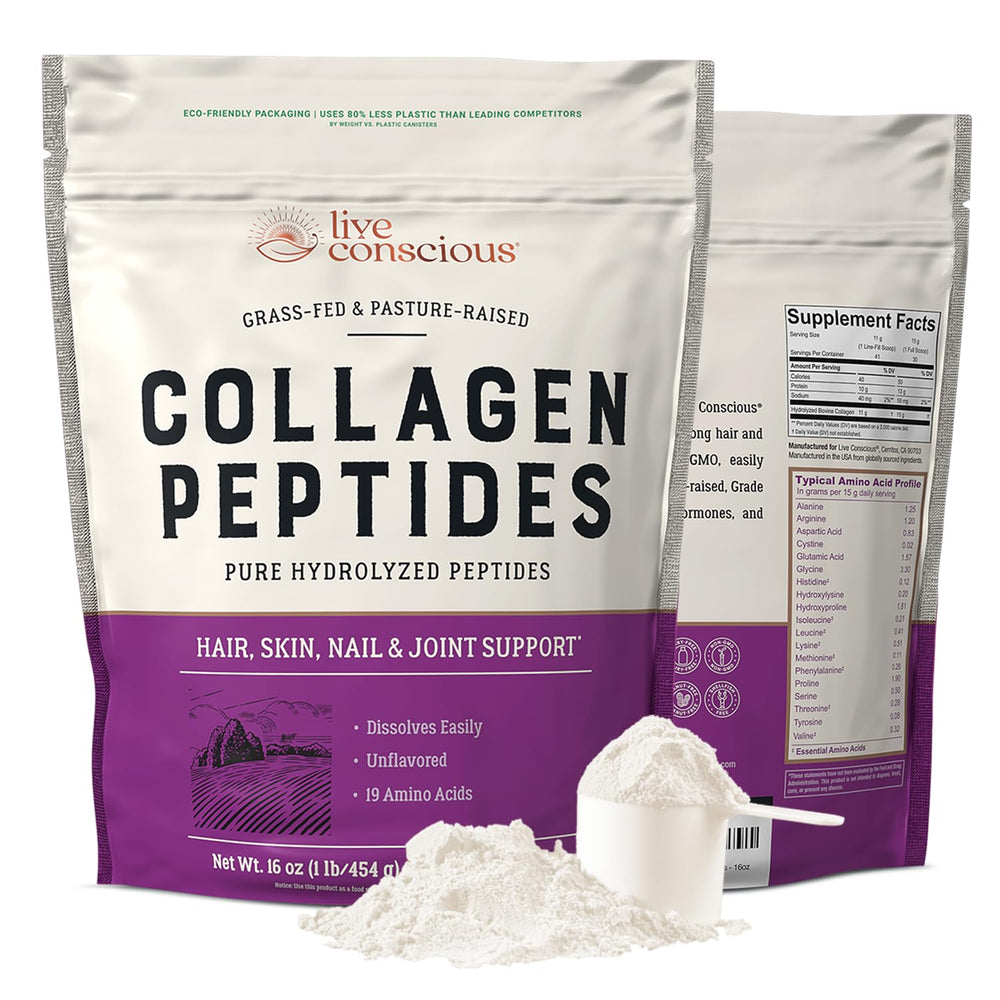 Live Conscious Collagen Peptides bottle shown, promoting radiant skin and stronger hair with daily use.