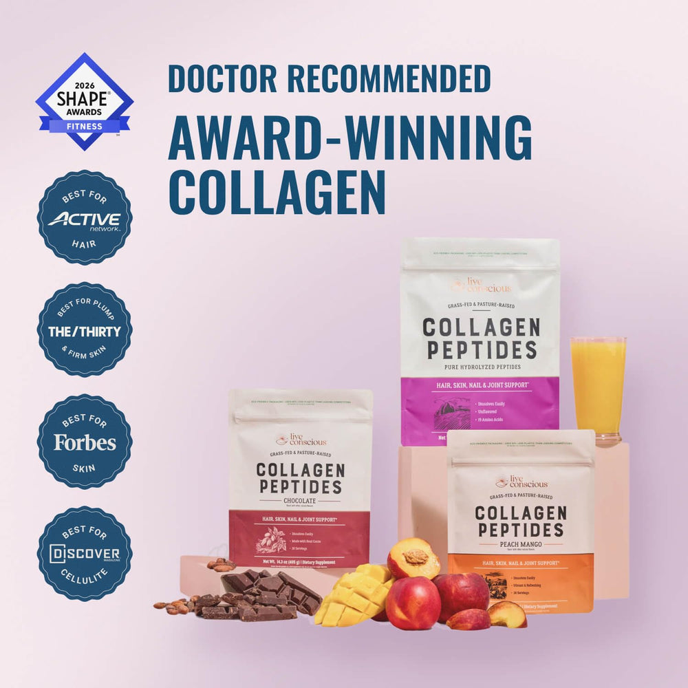 Live Conscious Collagen Peptides powder being poured into a drink for versatile use.