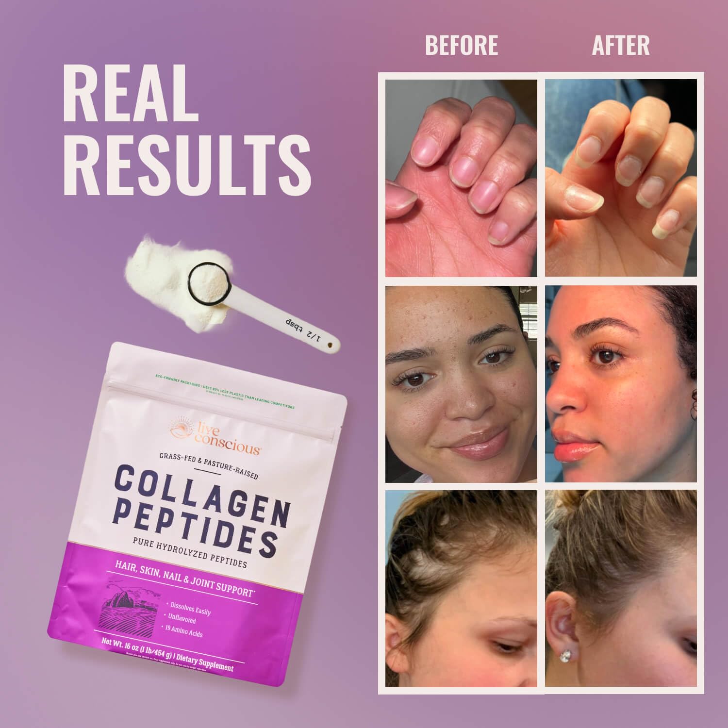 Live Conscious Collagen Peptides powder with a scoop, convenient daily hydration.