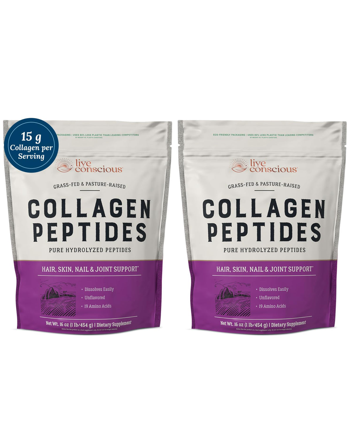 Live Conscious Collagen Powder bottle highlights premium hydrolyzed collagen for daily skin and joint support.