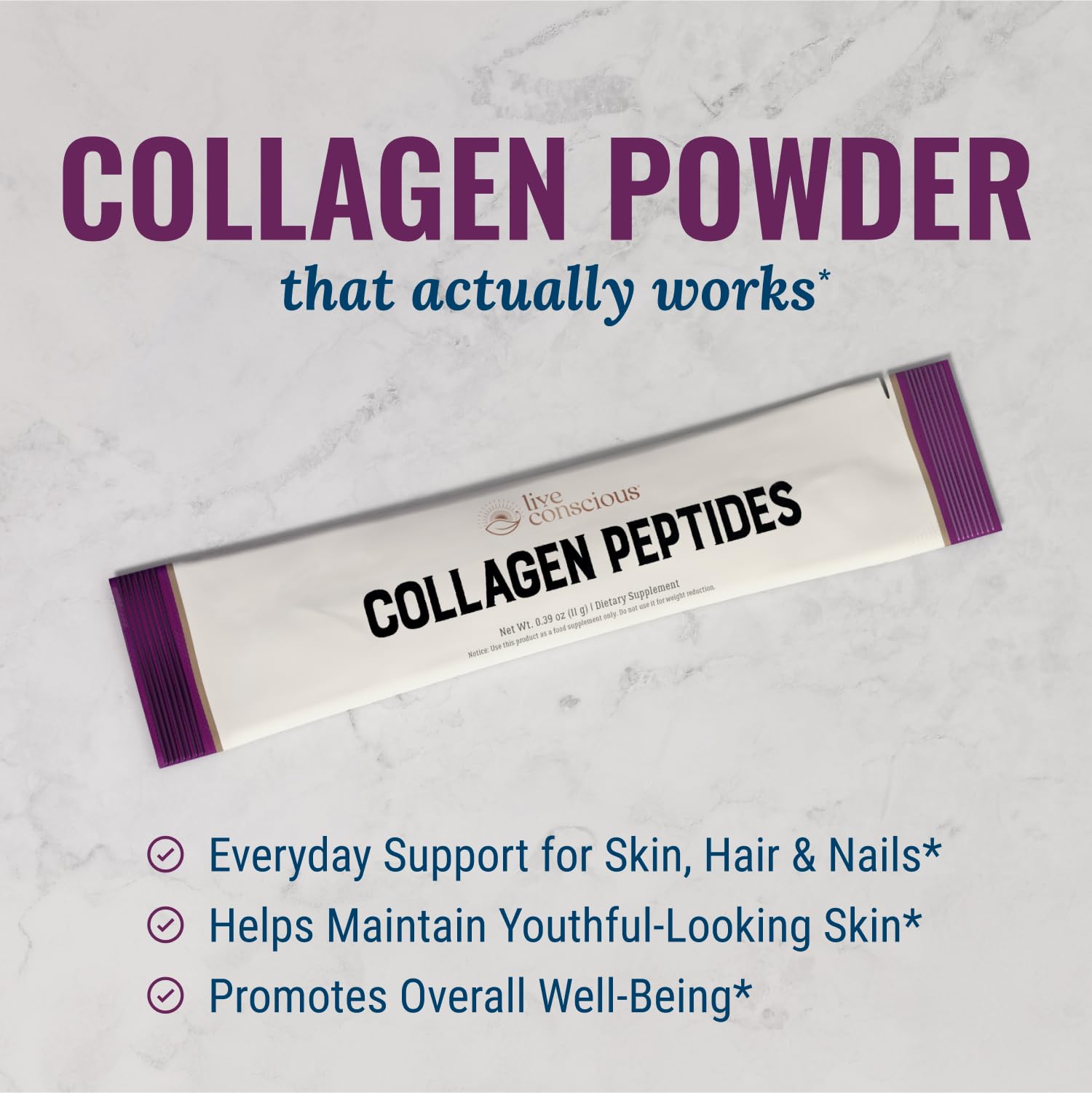 Live Conscious collagen packets unflavored label showing natural taste.